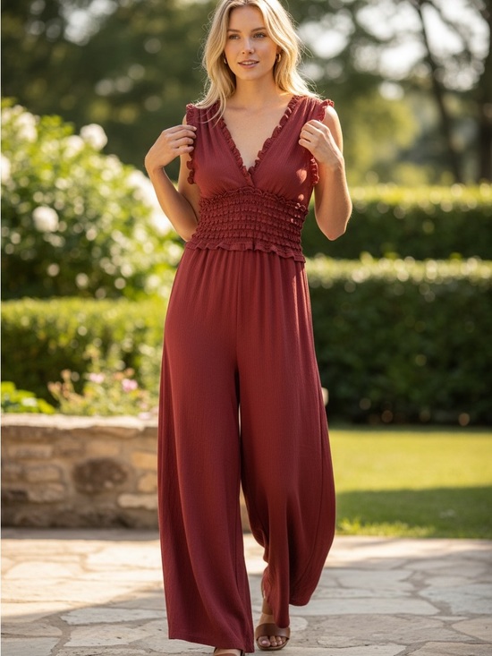 Max Studio Pants - Max Studio Burgundy Sleeveless V‑Neck Jumpsuit